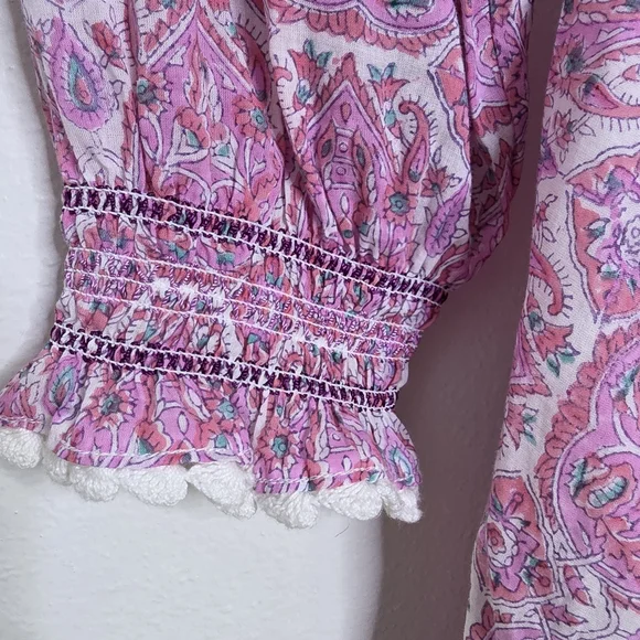 Buggy 100% Cotton Pink Paisley Pom Pom Tassel Trim Boho Mini Dress M Fit Like L - Picture 6 of 7